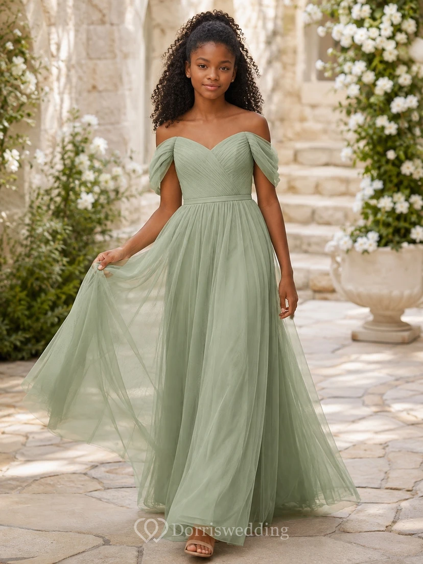 Celadongrünes Brautjungfernkleid, A-Linie, herzförmiger Schnitt, kurze Ärmel, Tüll, gestuft, romantisch, formell