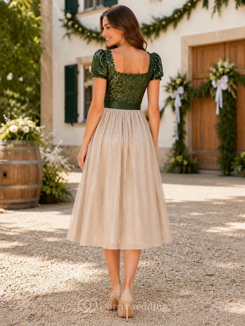 Vestido formal de lujo verde oscuro con lentejuelas, corte en A, largo hasta la rodilla y escote cuadrado. view 2