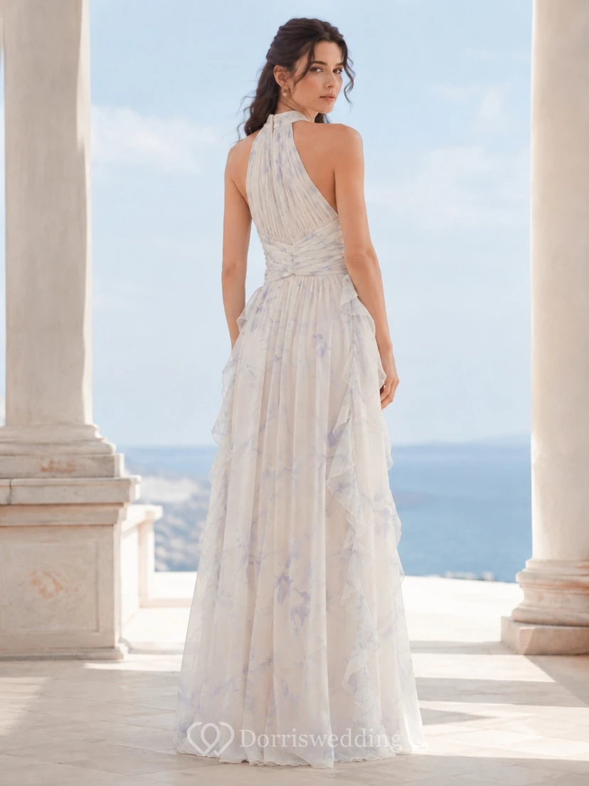 Blue Floral Halter Neck Sleeveless Floor-Length Chiffon A-Line Dress view 2