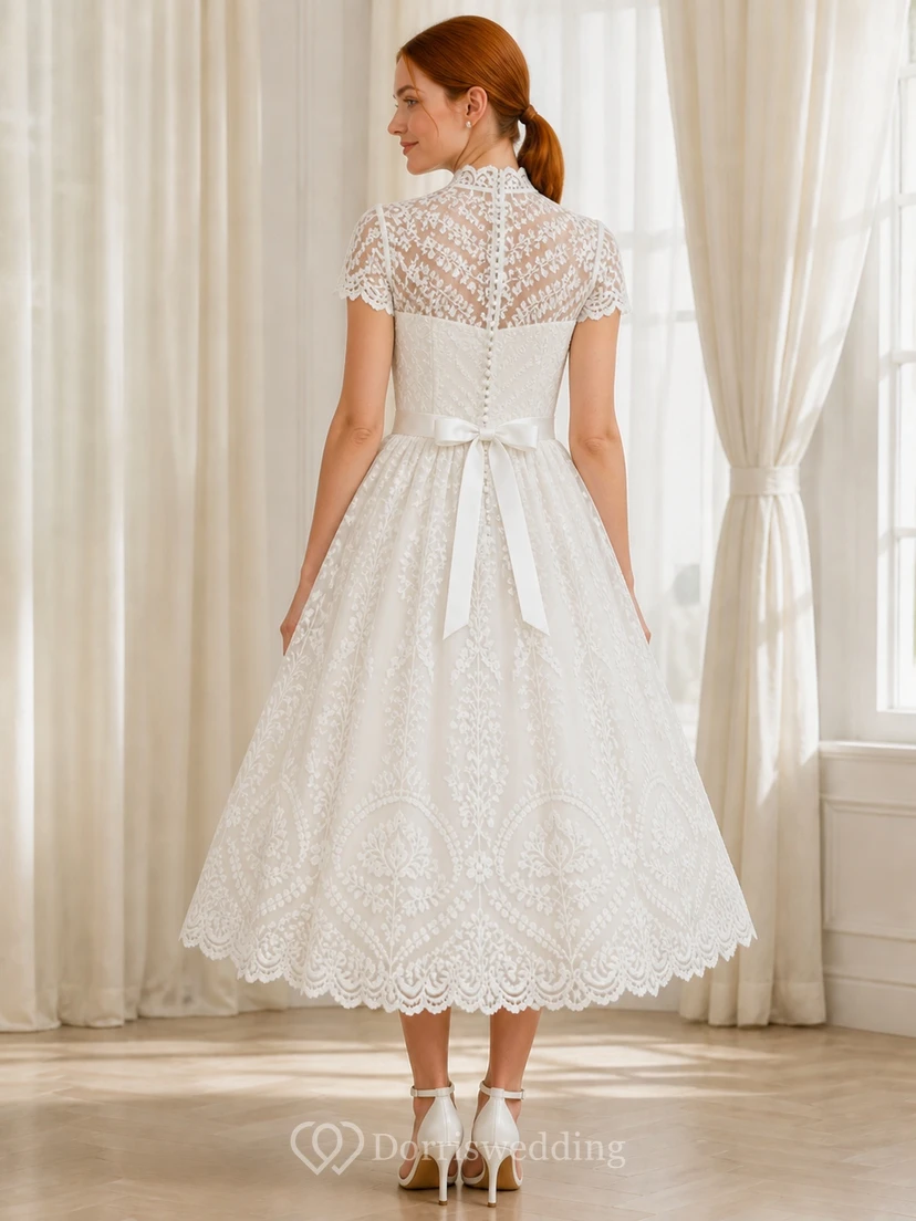 Modest Mother Tea-length A-Line High Neck Geometric Lace Dress view 2