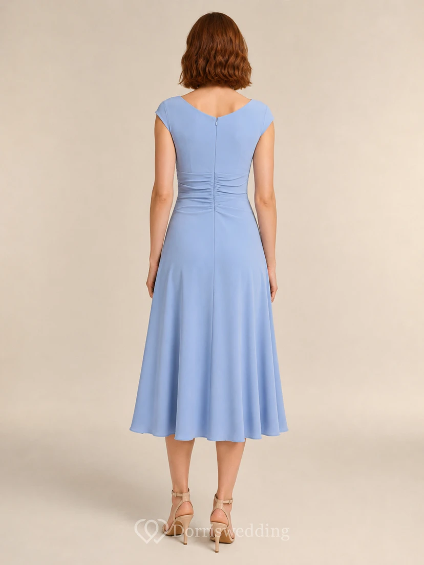 Sky Blue Draped Bodice Crepe Midi Occasion Dress view 2