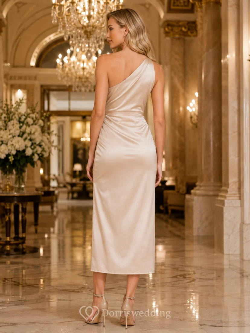 Champagne Luxury Hotel Wedding Guest Bridesmaid Cocktail Formal Dress Sheath Tea-Length One-Shoulder Sleeveless Satin Midi Draped Leg Slit Zipper Back view 2