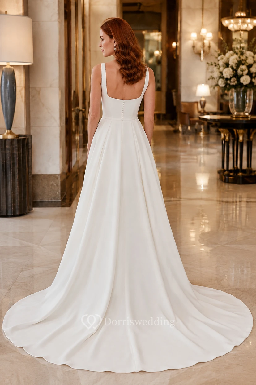 Robe de mariée minimaliste en satin, fourreau, col carré, sans manches, traîne et fente. view 2