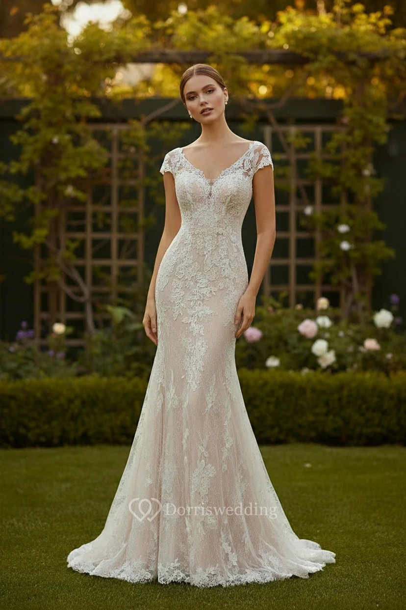 Robe de mariée sirène classique en dentelle à col en V, manches courtes et bordure festonnée