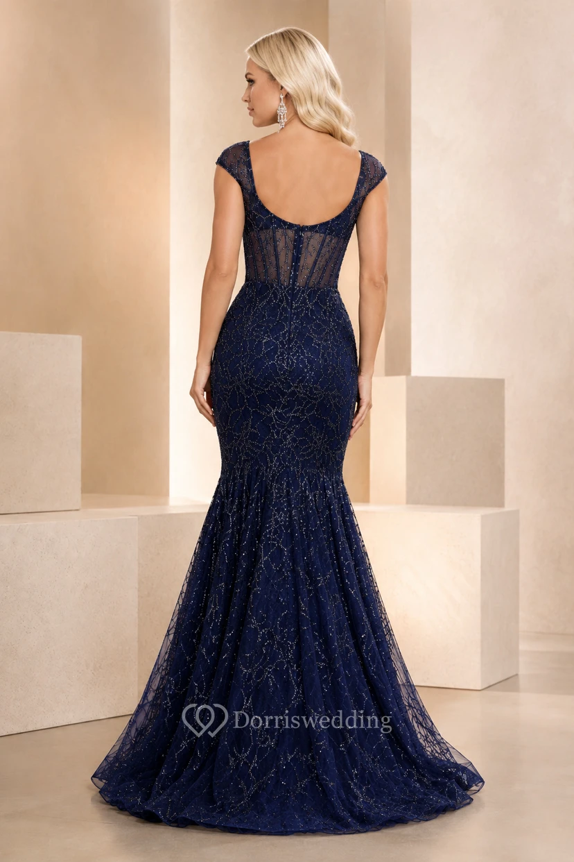 Robe de soirée sirène en dentelle bleu marine foncé à manches courtes et corsage corset transparent view 2