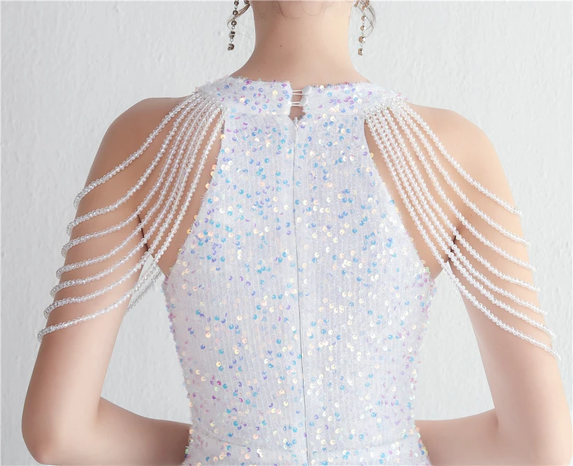Heavy-Duty Glass Bead Craft Beaded Banquet Evening Dress Temperament Elegant Long Halter Neck Slit Sequins view 17