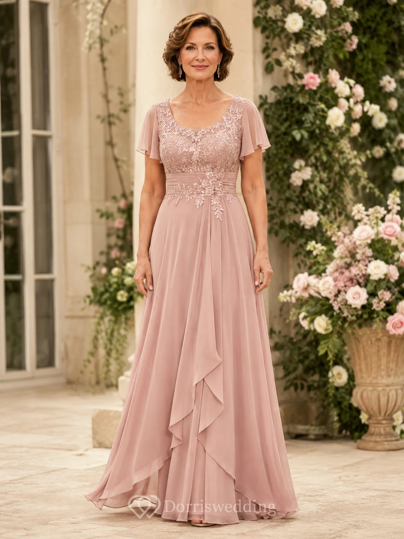 Dusty Rose Flutter Sleeve Mother Gown Dusty Rose Scoop Jewel A-Line Floor-length