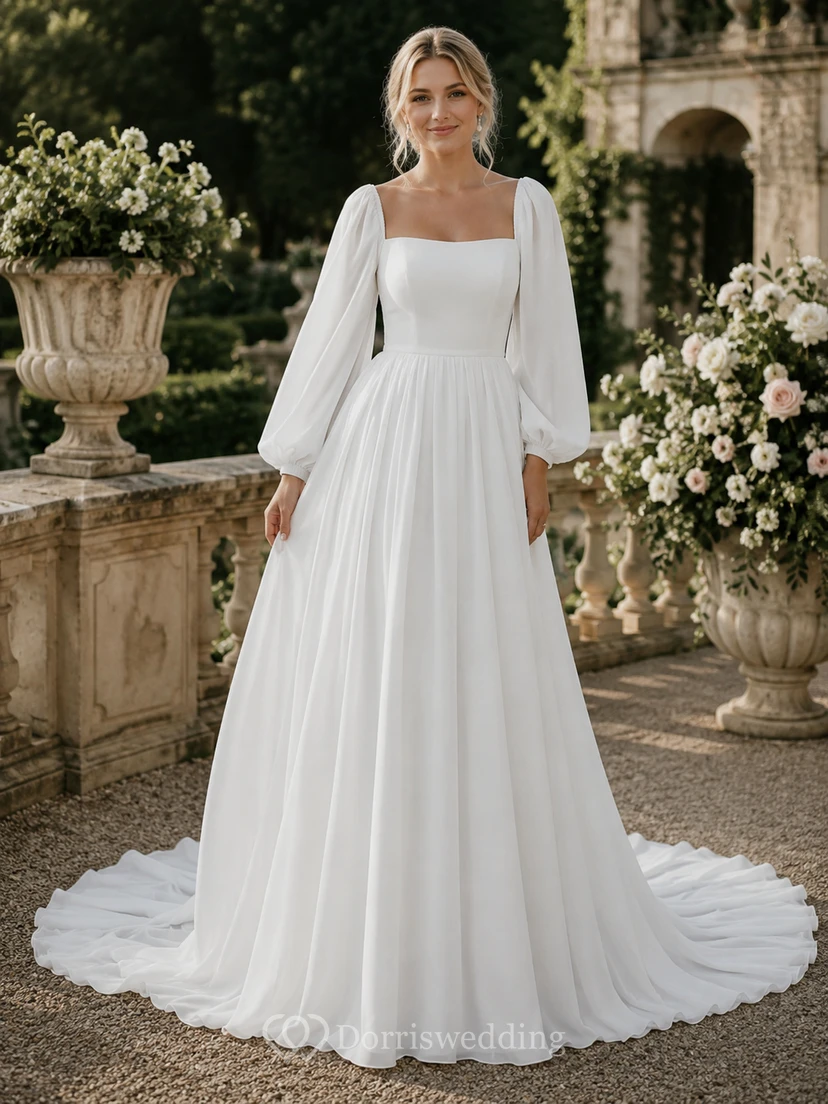 Square Neck A-Line Wedding Dress with Long Puff Sleeves