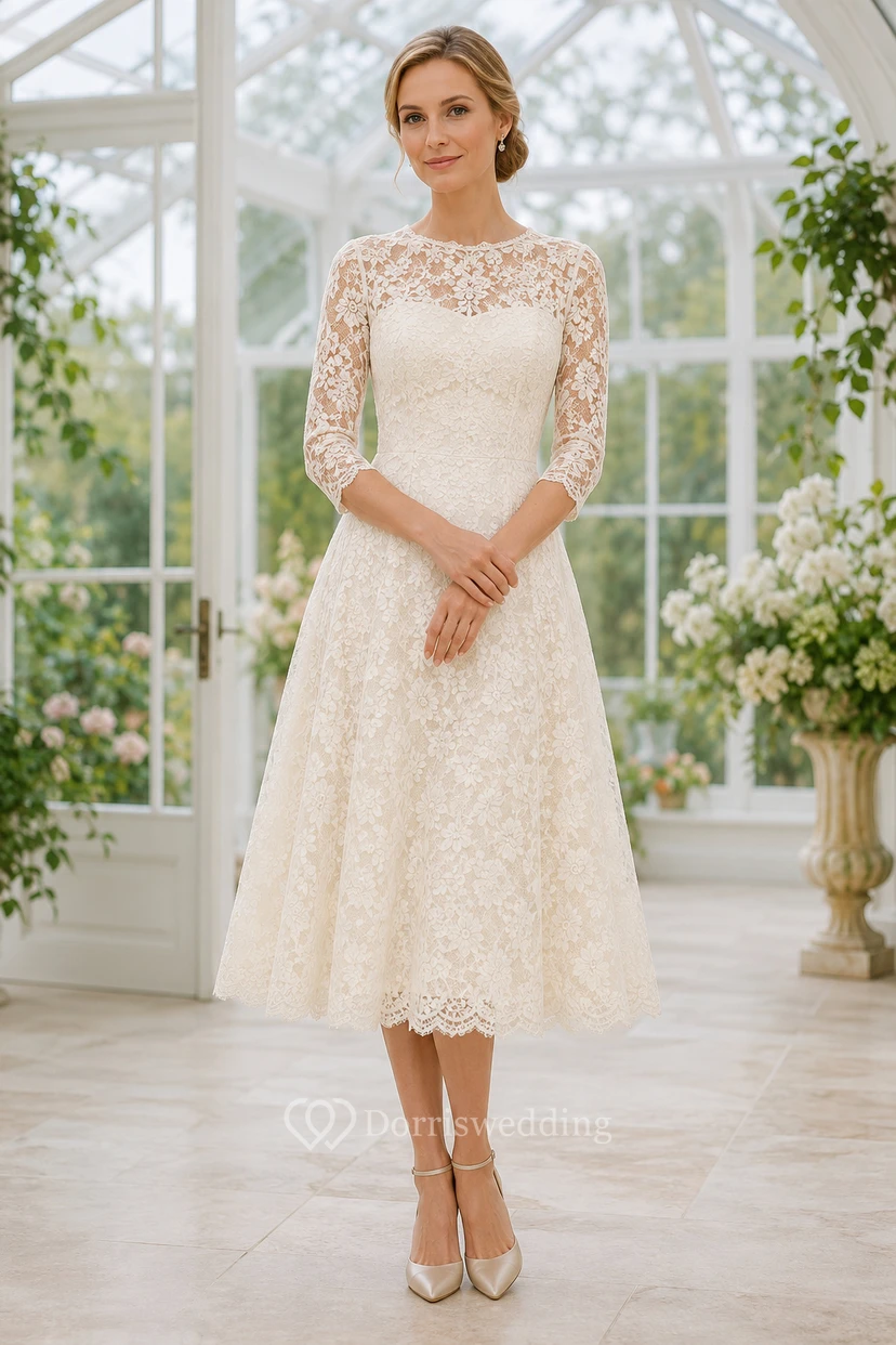 Robe de mariée en dentelle longueur thé, coupe trapèze, manches trois-quarts illusion, idéale pour une cérémonie en plein air.