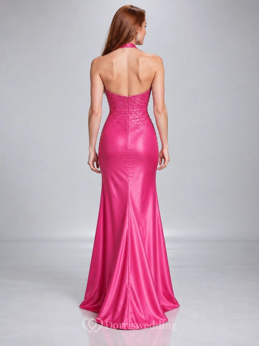 Fuchsiafarbenes, langes Meerjungfrauen-Abendkleid mit Neckholder, V-Ausschnitt, Spitzenoberteil und Satin view 2