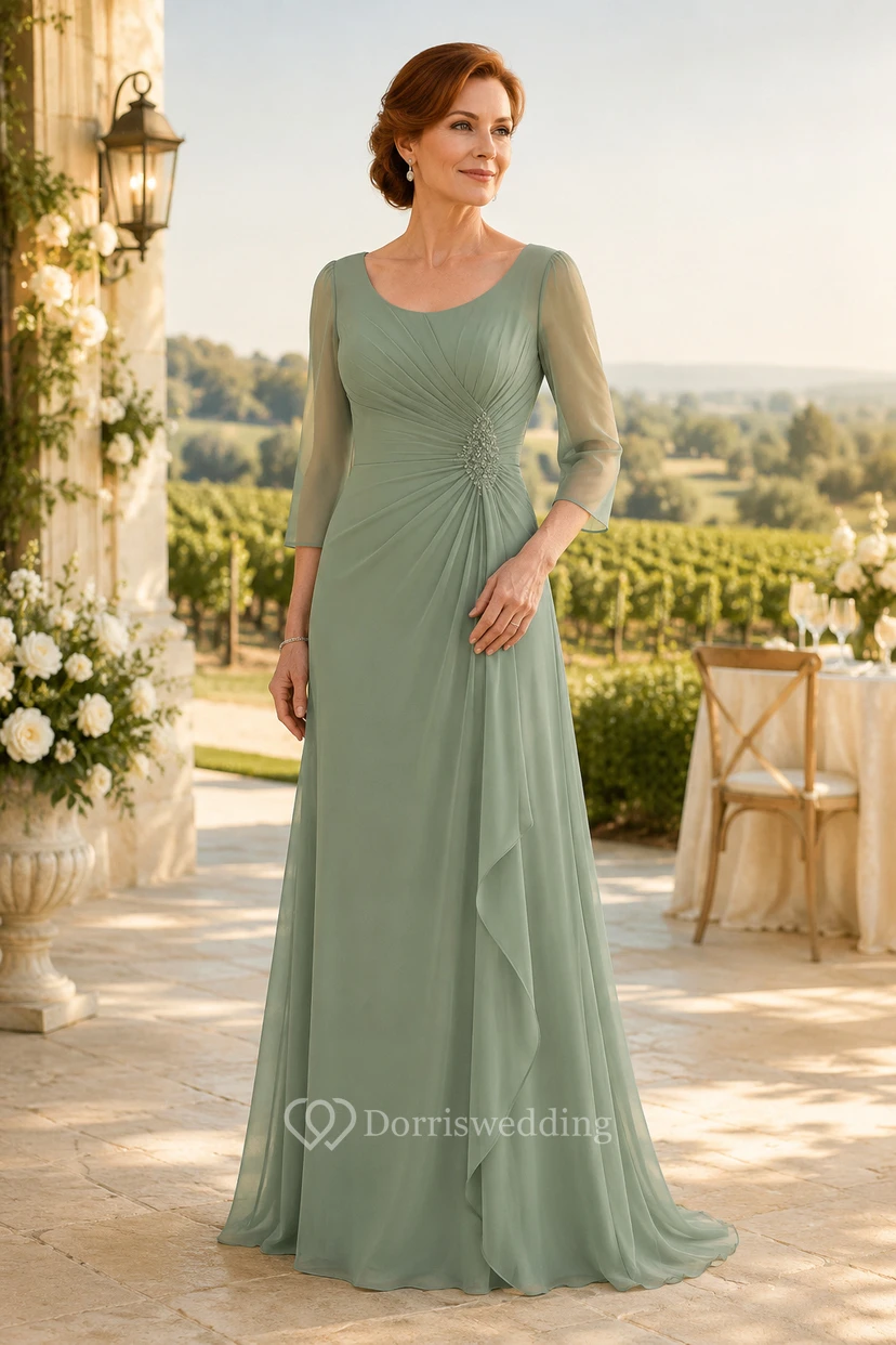 MOB-Kleid aus salbeifarbenem Chiffon, A-Linie, 3/4-Ärmel, Rundhalsausschnitt, bodenlang, Rüschenbesatz