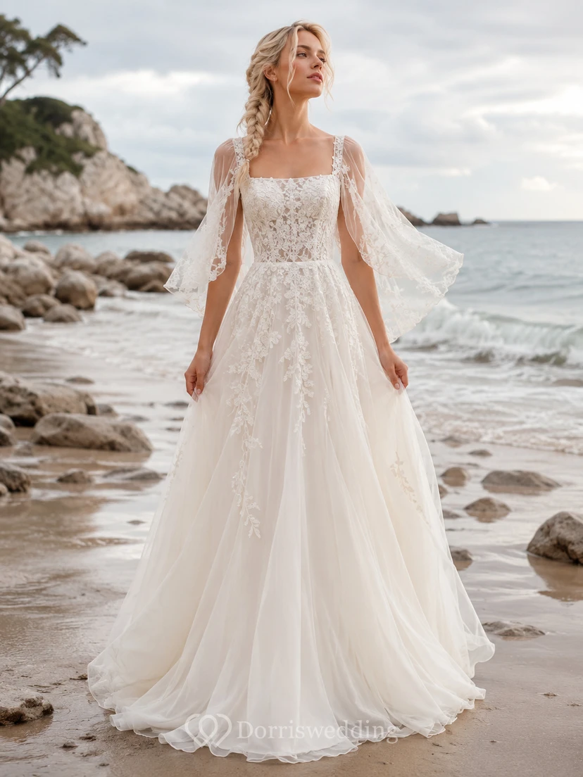 Square Neck Lace Sleeve Coastal Beach Bridal Gown
