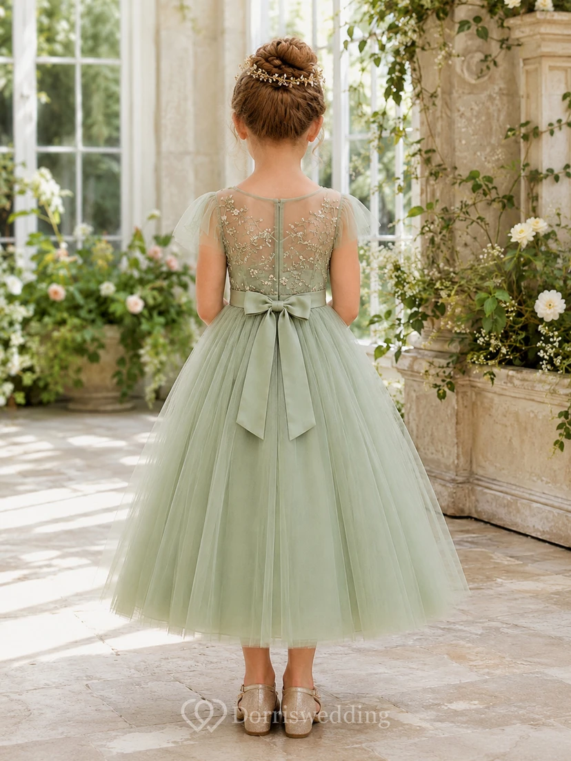 Blumenmädchenkleid aus salbeifarbener Spitze und Tüll, A-Linie, lange Ärmel, Rundhalsausschnitt, Teelänge view 2