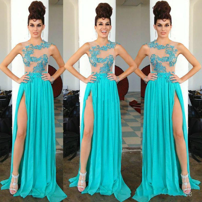 Modern Chiffon Appliques Sequined Prom Dress Front Split Sweep Train view 3