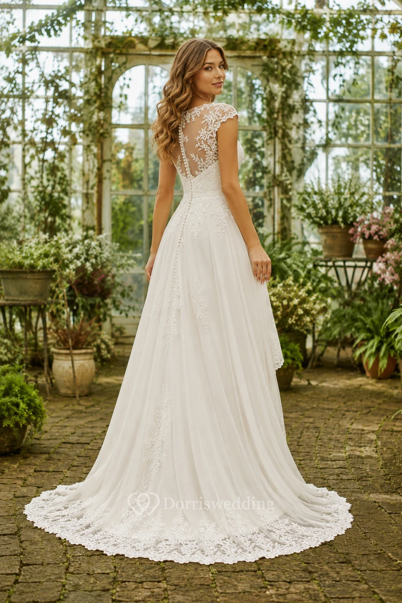 Robe de mariée en dentelle à manches courtes, décolleté asymétrique, dos illusion et traîne. view 2