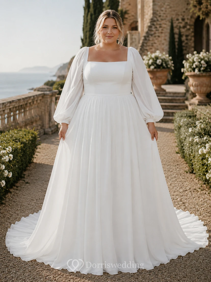 Square Neck A-Line Wedding Dress with Long Puff Sleeves view 4
