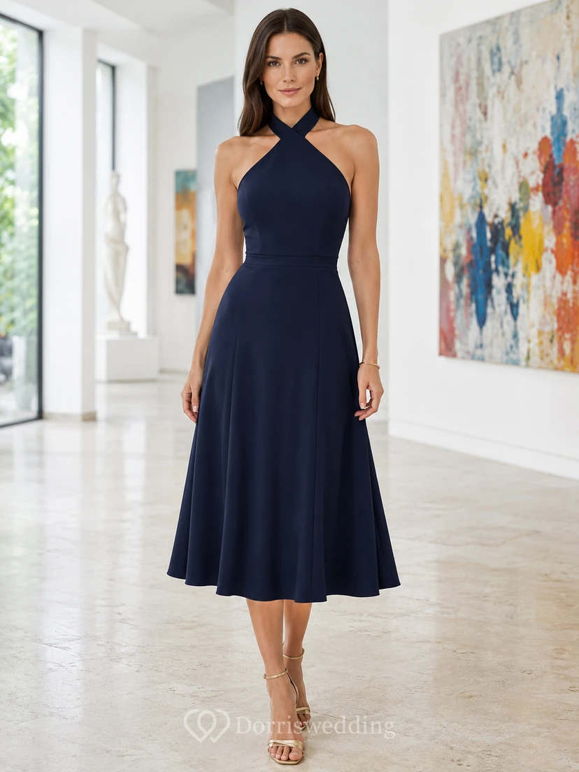 Art Gallery Dark Navy Halter Chiffon A-Line Tea-Length High Neck Dress