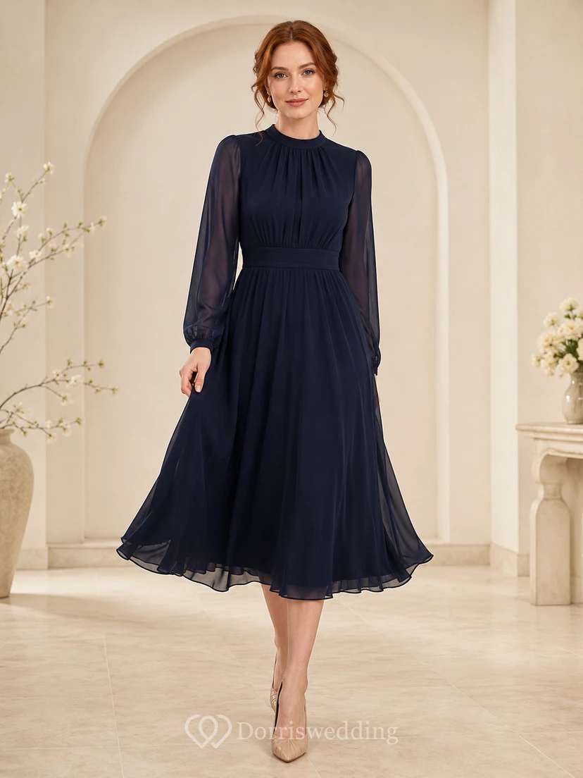 Robe bleu marine à col montant, manches transparentes et plissée, longueur thé
