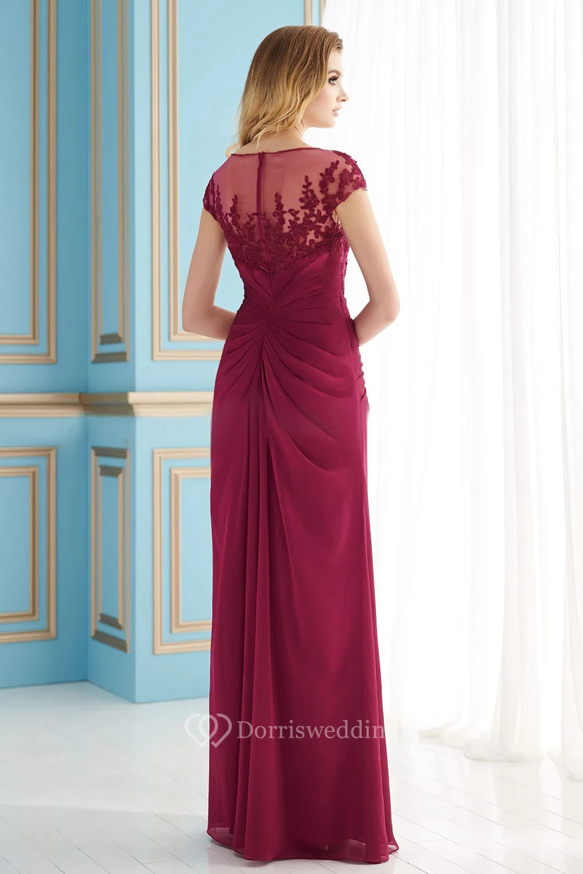 Cap-Sleeved Floor-Length Mother Of The Bride Dress With Front Slit And Lace Detail view 2