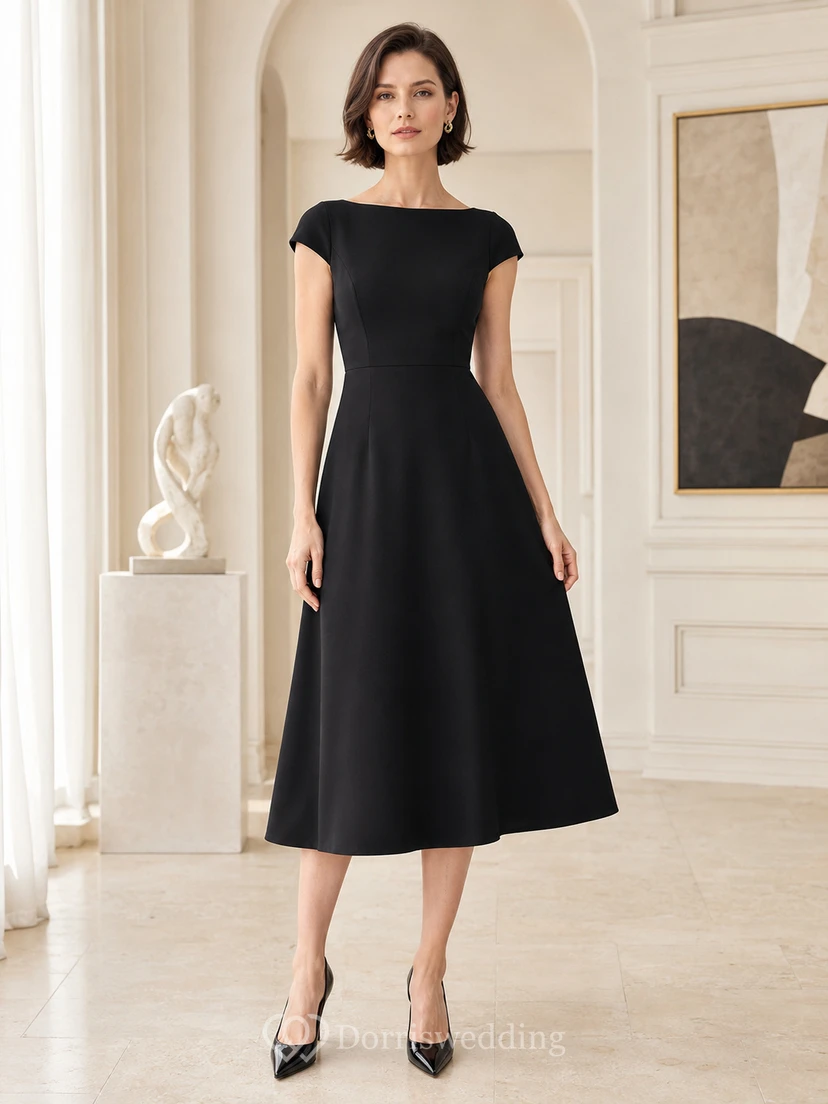 Black Cap Sleeve Bateau A Line Elegant Midi Dress