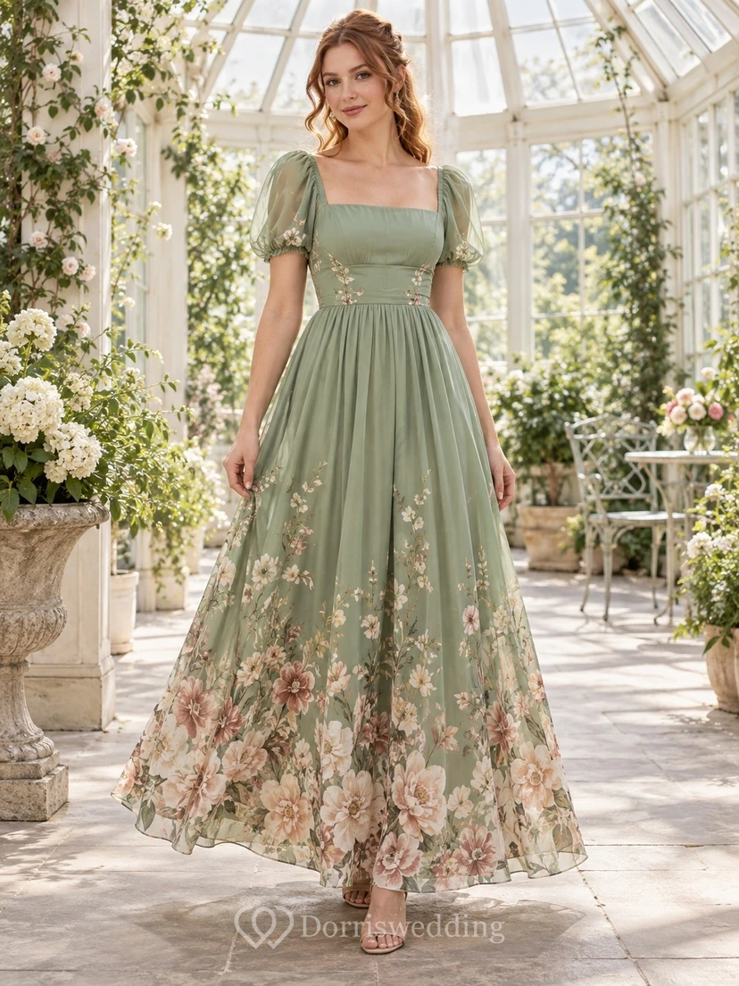 Vestido de invitada largo hasta el suelo de gasa con cuello cuadrado y mangas abullonadas, estampado floral en color verde salvia.