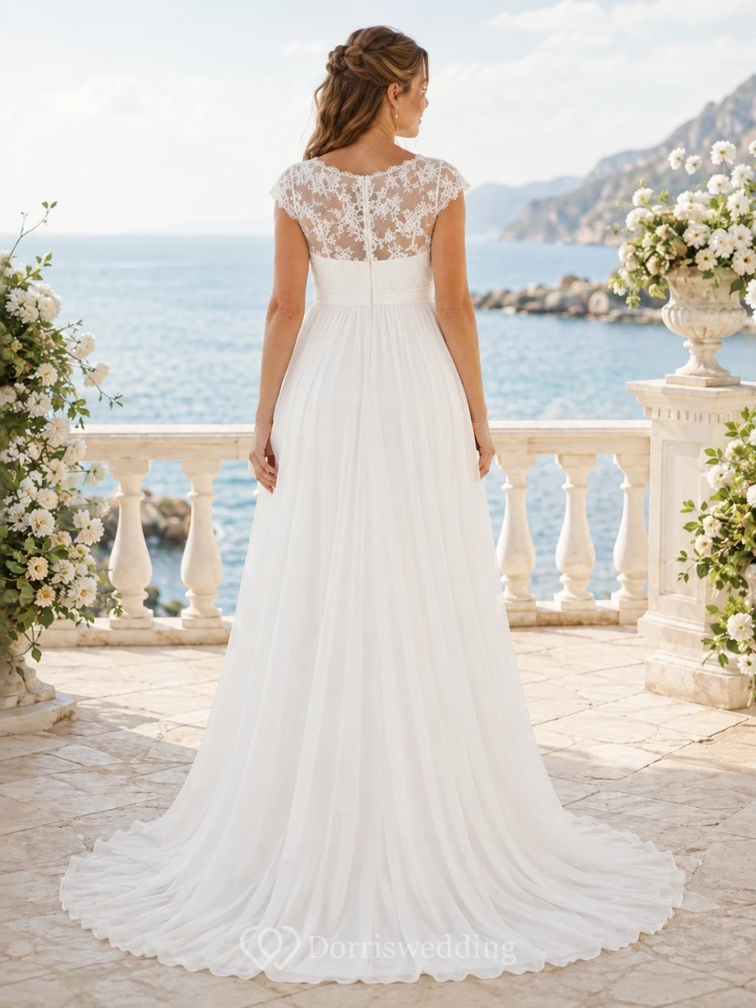 Vestido de novia de encaje estilo barco, corte imperio, para playa, estilo modesto, estilo Imperio. view 2