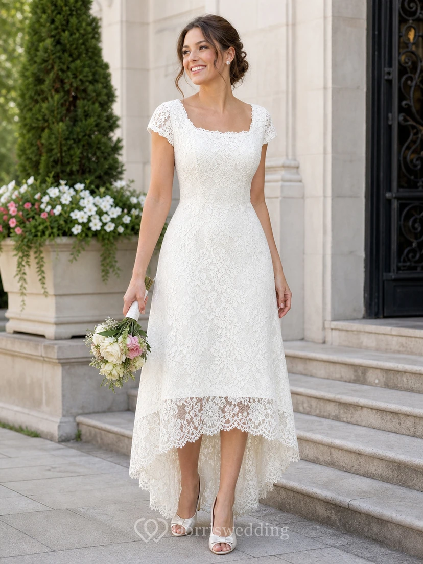Elegantes Brautkleid aus Spitze mit hohem/tiefem U-Ausschnitt, kurzen Ärmeln und schlichter Eleganz view 7