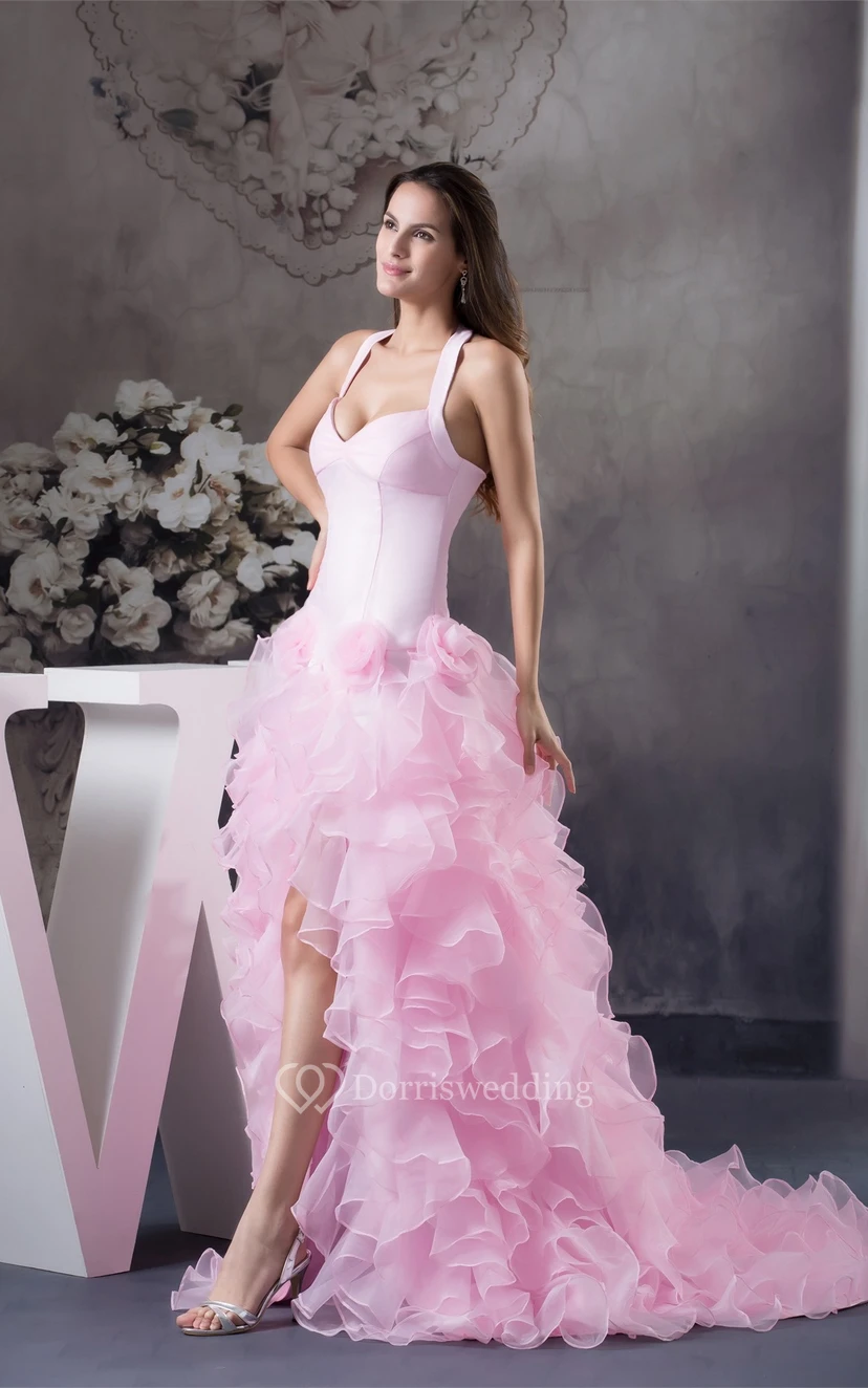 Pastel Ruffled Front-Split Halter and Dress With Flower view 2