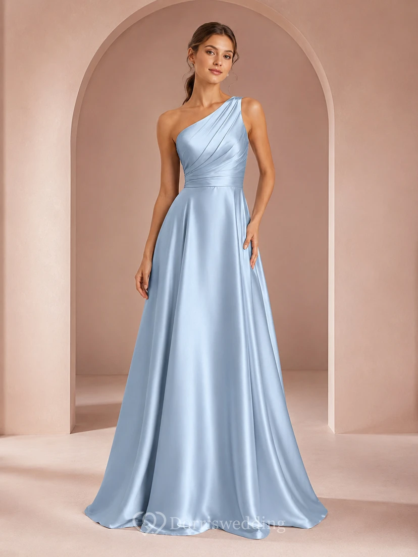 Hellblaues Satin-Abendkleid mit One-Shoulder-Ausschnitt, A-Linie und Drapierung