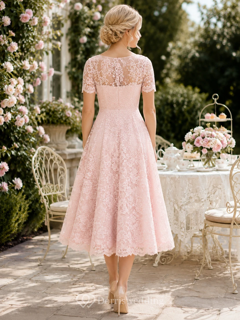 Pastel Pink Illusion Sleeve Sweetheart Lace Tea Dress view 2