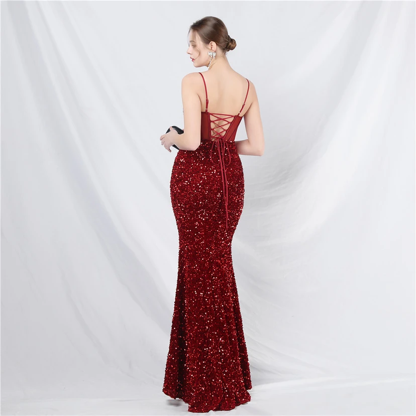 Palace Style Heavy Fishbone Waist Mesh Sequined High-End Evening Dress view 30