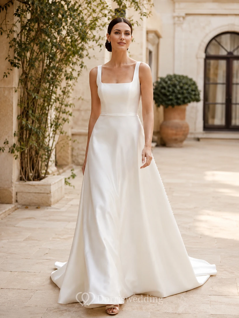 Minimal Square Strap Satin A Line Chapel Train Outdoor Wedding Gown
