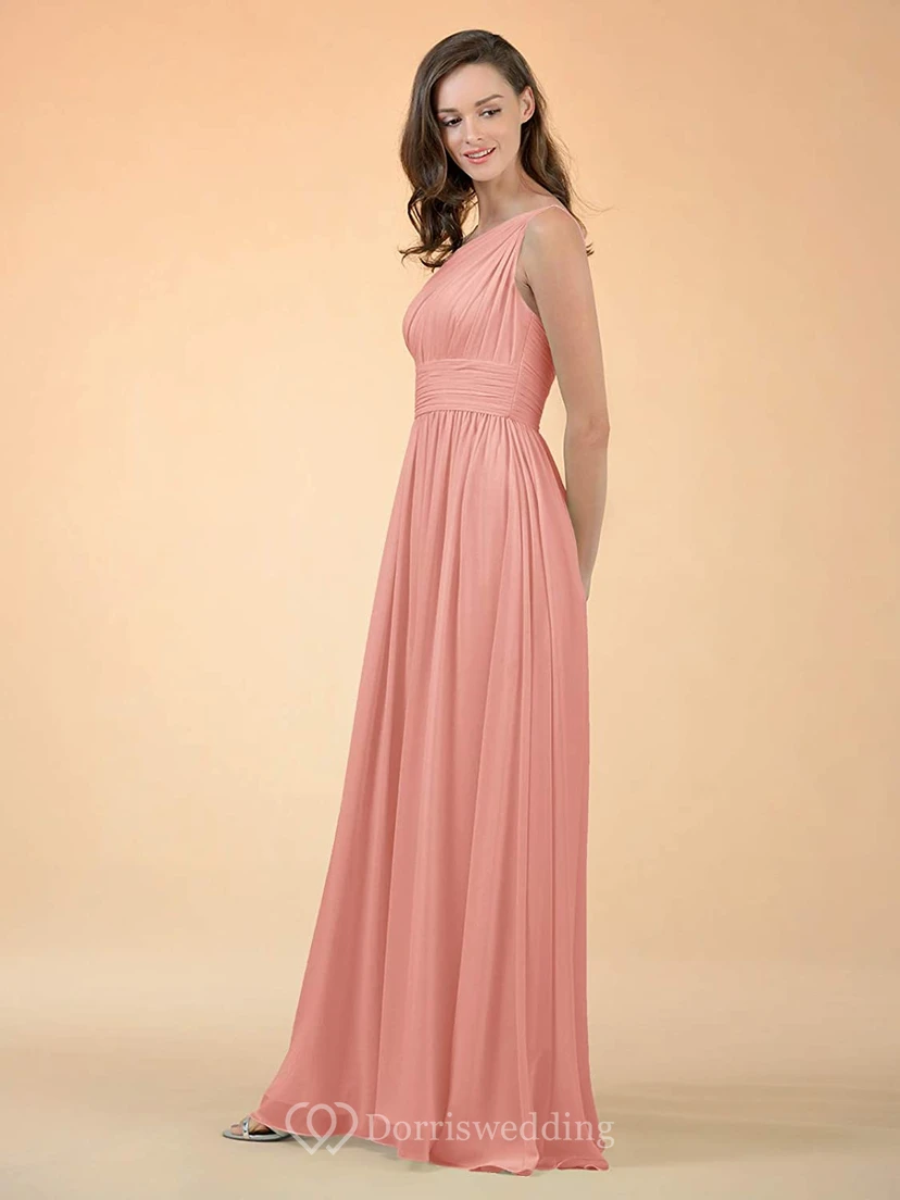 Elegantes, schulterfreies, bodenlanges Chiffon-Brautjungfernkleid in A-Linie mit Raffungen und A-Linien-Schnitt view 4