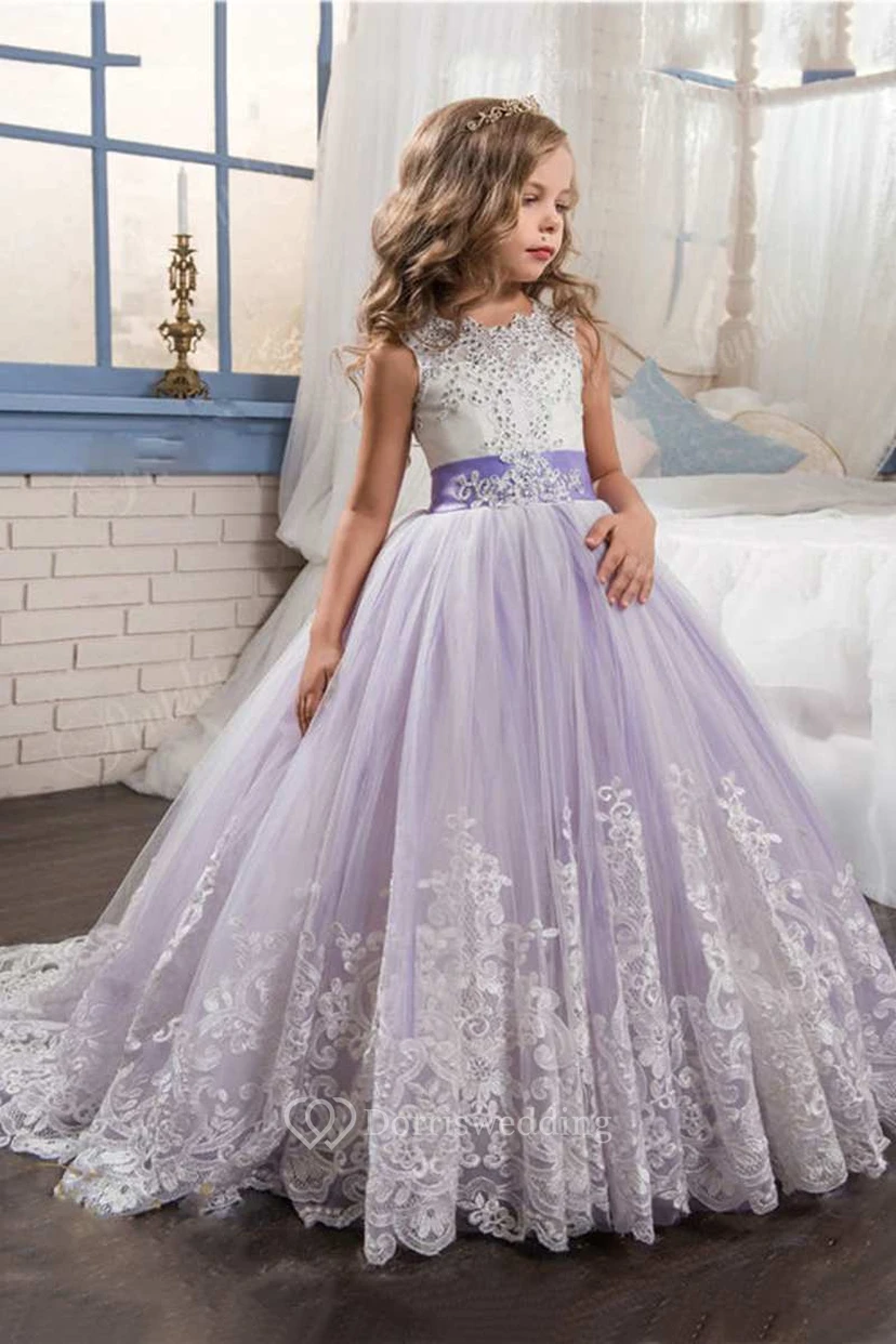 Ball Gown Floor-length Scoop Sleeveless Tulle Dress with Bow