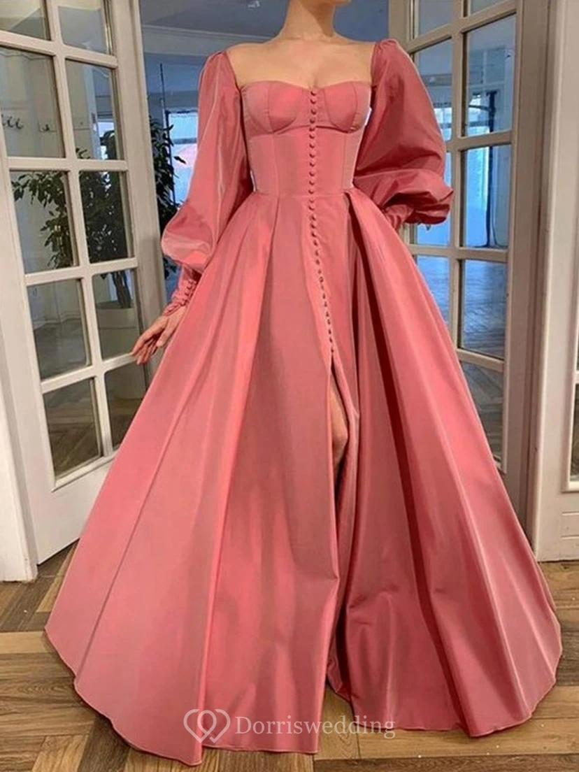 Elegantes Kleid im Vintage-Stil mit langen Puffärmeln, Empire-Stil und Schlitz vorne