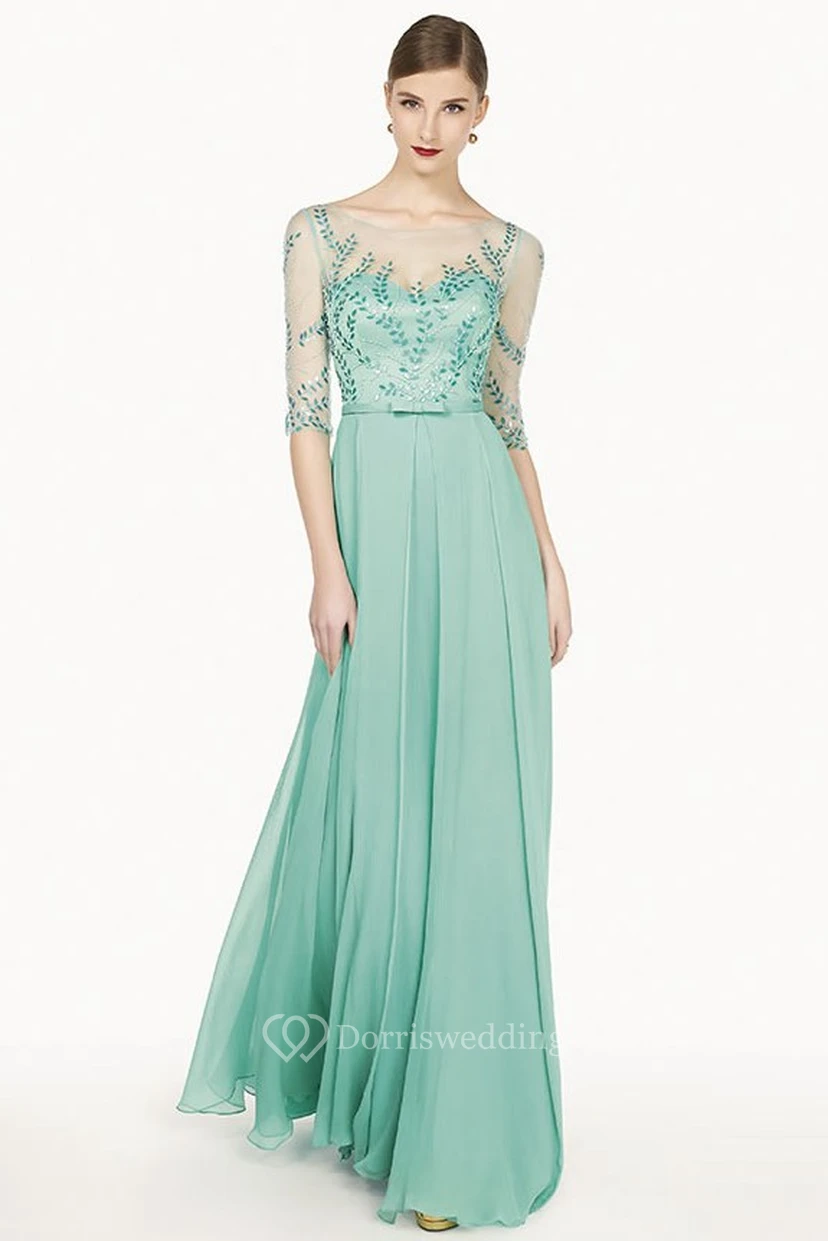 Bateau Tulle Half Sleeve A-Line Chiffon Long Prom Dress With Sequins And Bow