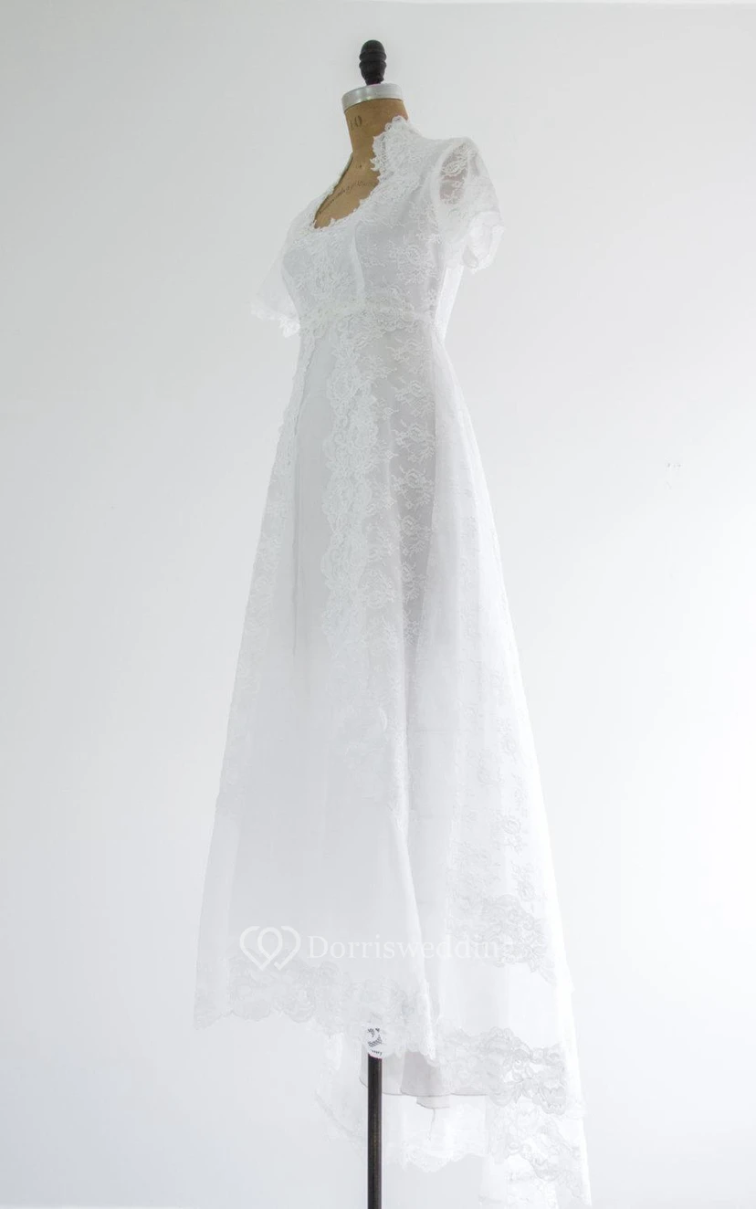 Queen Anne Neckline Short Sleeve A-Line Lace Dress With Beadings view 3