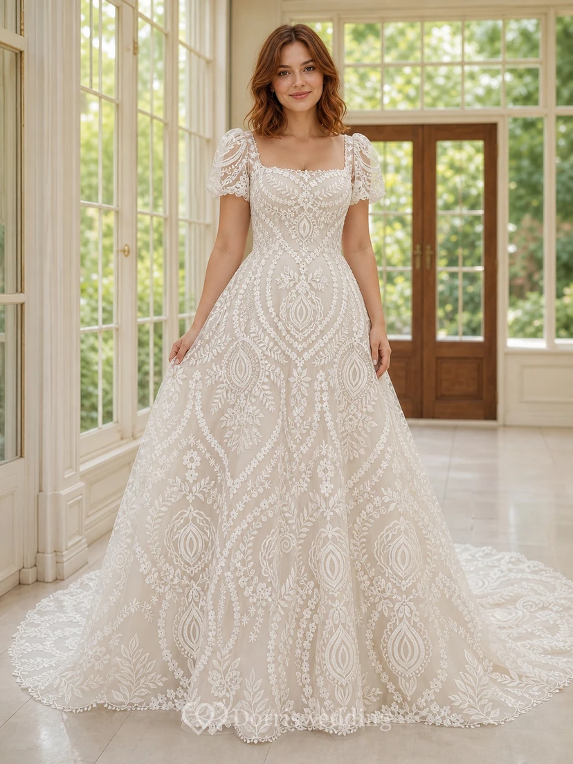 Vestido de novia romántico de gala con medallón, cuello cuadrado y mangas cortas hasta el suelo.