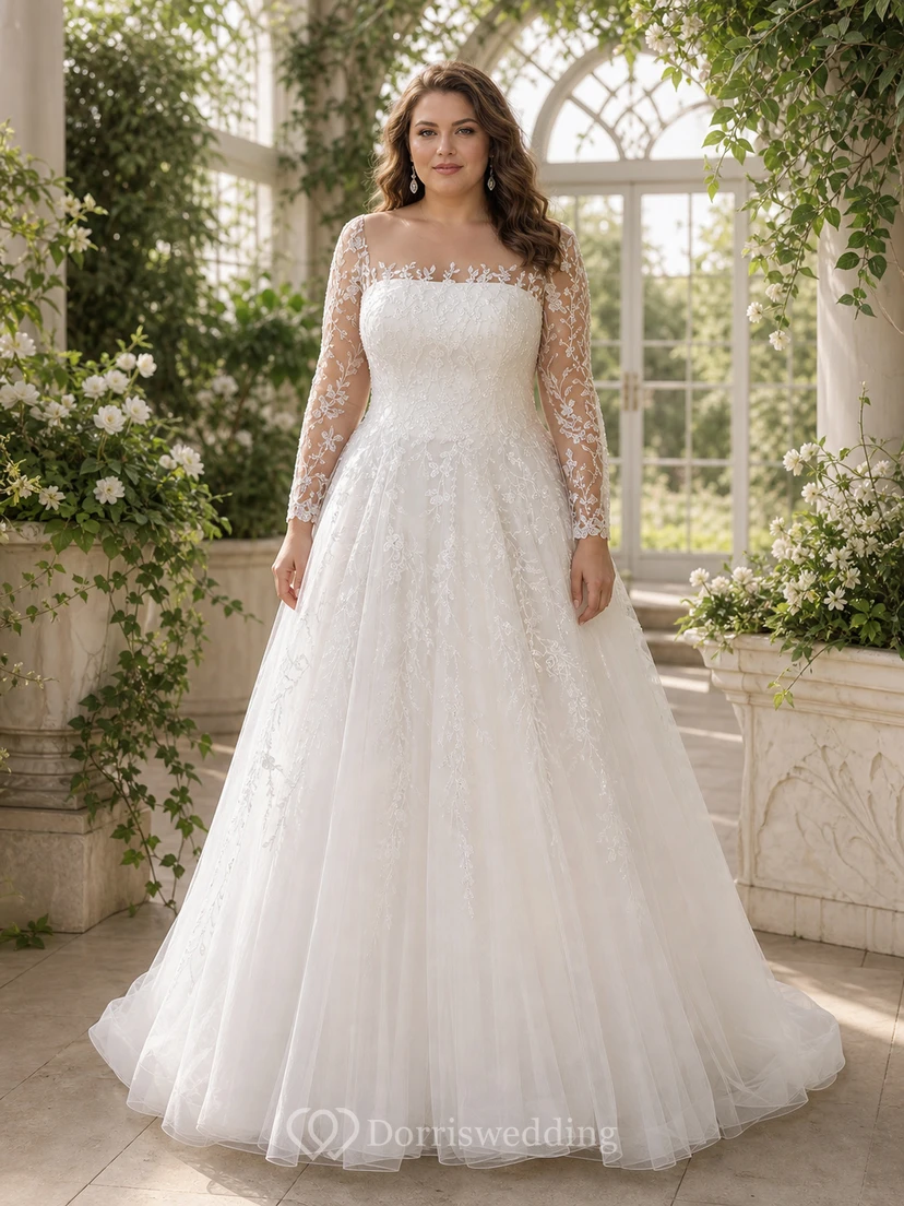 Elegantes Ballkleid mit U-Boot-Ausschnitt, 3/4-Ärmeln, Hofschleppe, Tüll, Applikationen und Illusionseffekten view 4