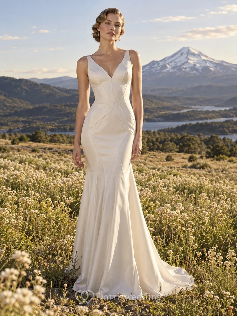 Vestido de novia sencillo de satén de algodón sin mangas con escote en V y corte sirena, con detalles de costura angular.