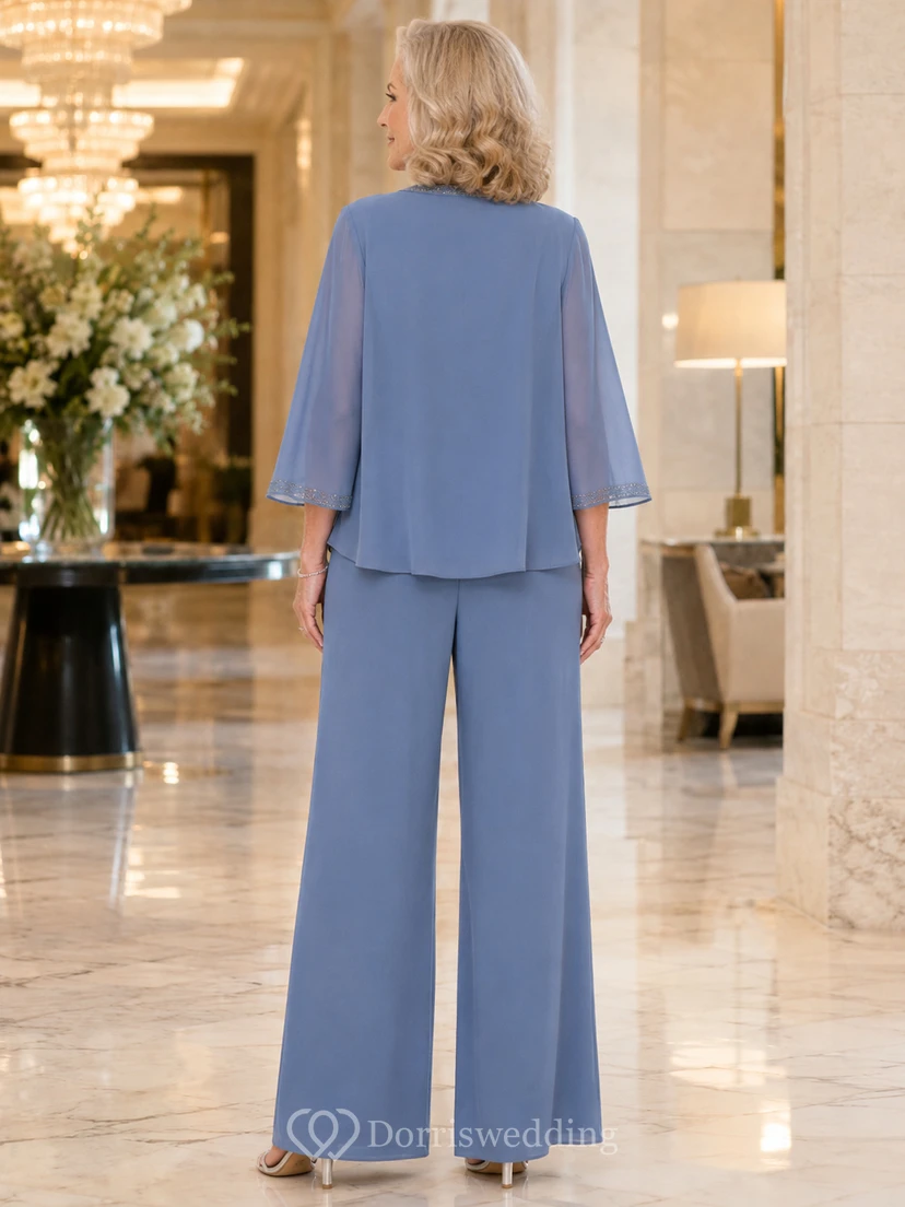 Steel Blue Mother Pantsuit with Cowl Neck Top, Chiffon Jacket and Wide Leg Pants view 2