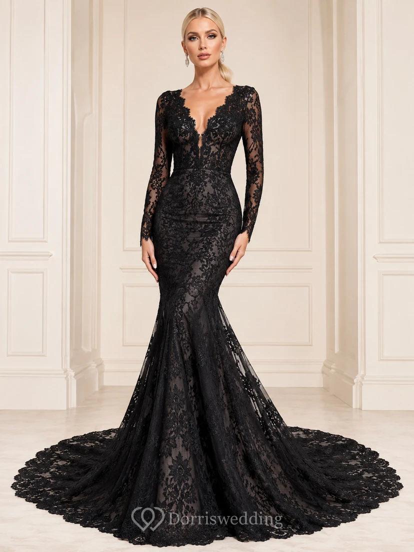 Robe de mariée gothique noire à col V en dentelle, manches longues sirène, traîne chapelle