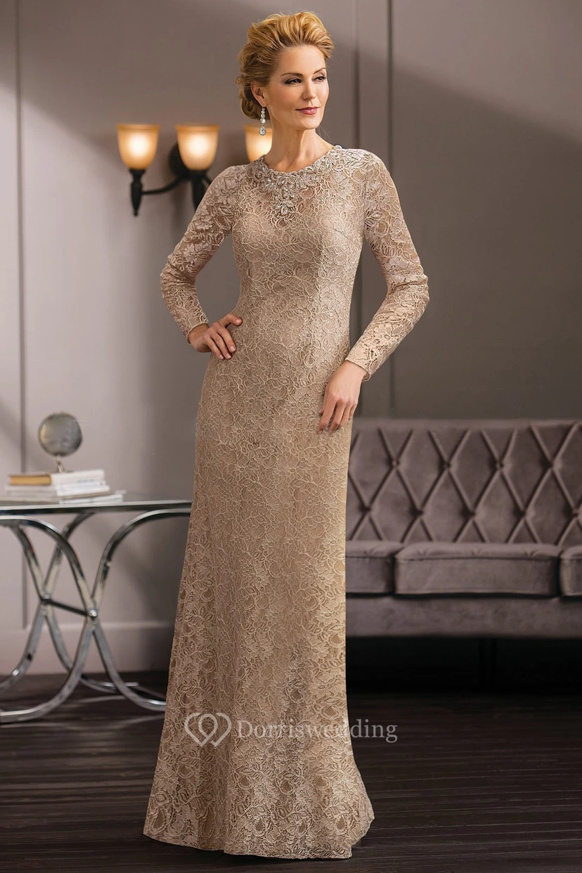 Long-Sleeved Long Lace Mother Of The Bride Dress With Jeweled Neckline