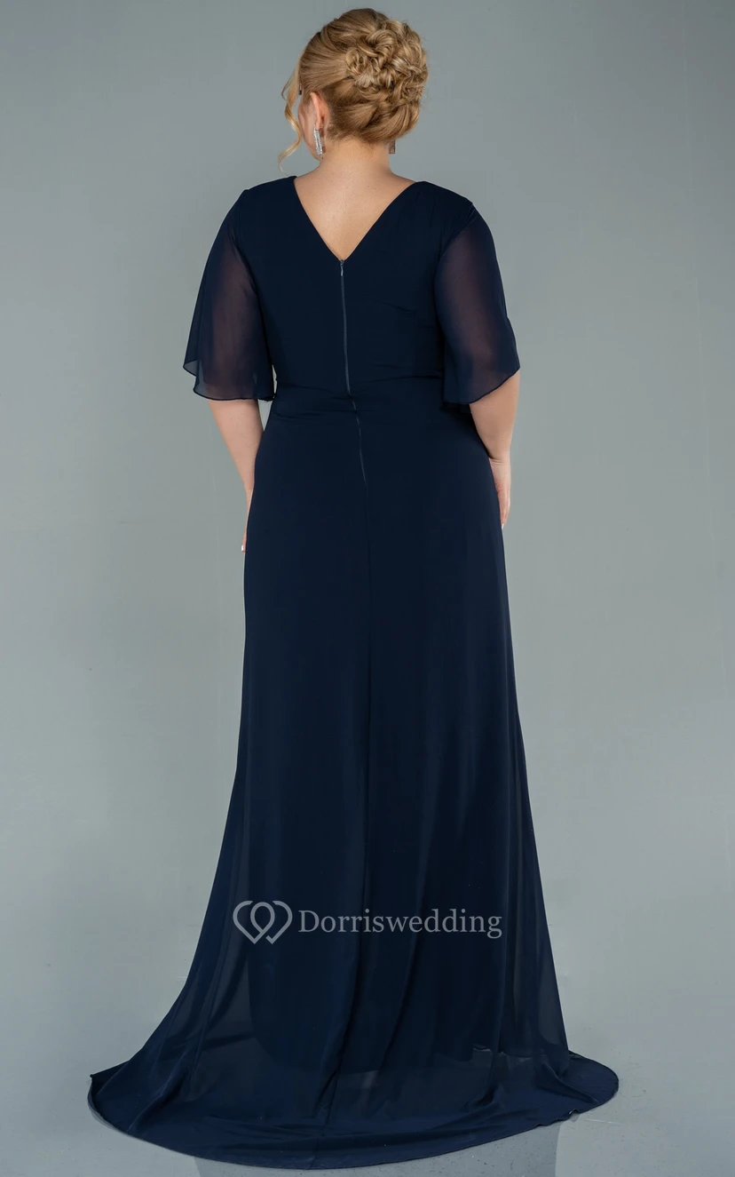 Elegant Half-sleeve V-neck Empire Chiffon Slit Front Draped Plus Size Mother of Bride Dress view 6