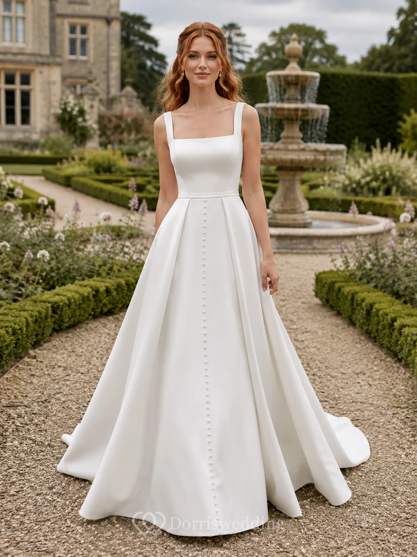 Robe de mariée de plage en satin et mousseline, robe de bal, col carré, sans manches, traîne.