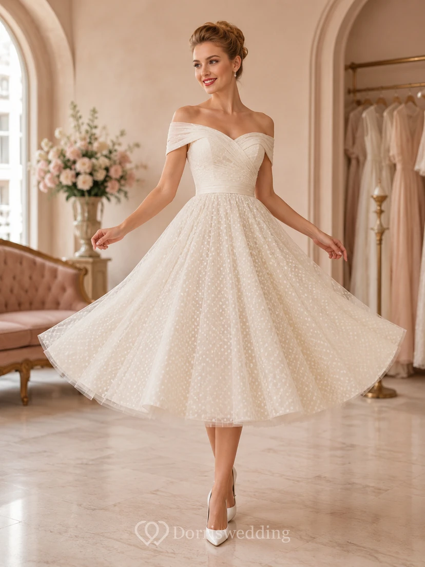 Retro Off Shoulder Dotted Tulle A-Line Tea Length Civil Wedding Dress