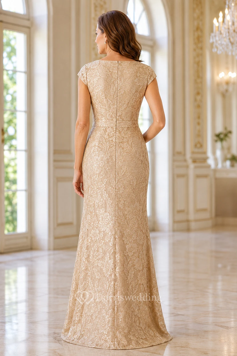 Champagne Cap Sleeve Lace Sheath Mother Dress view 2