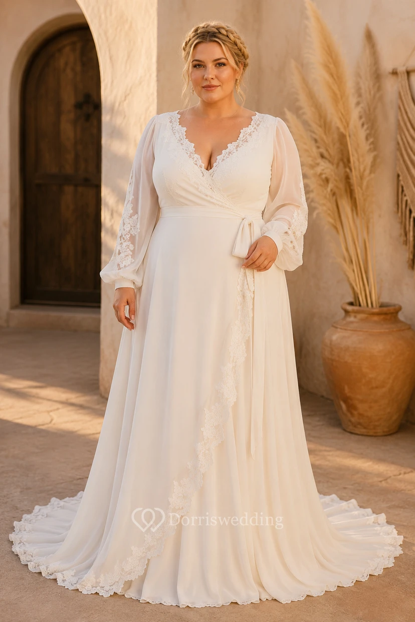 Plus Size Long Sleeve V-Neck Chiffon A-Line Wedding Dress with Sweep Train