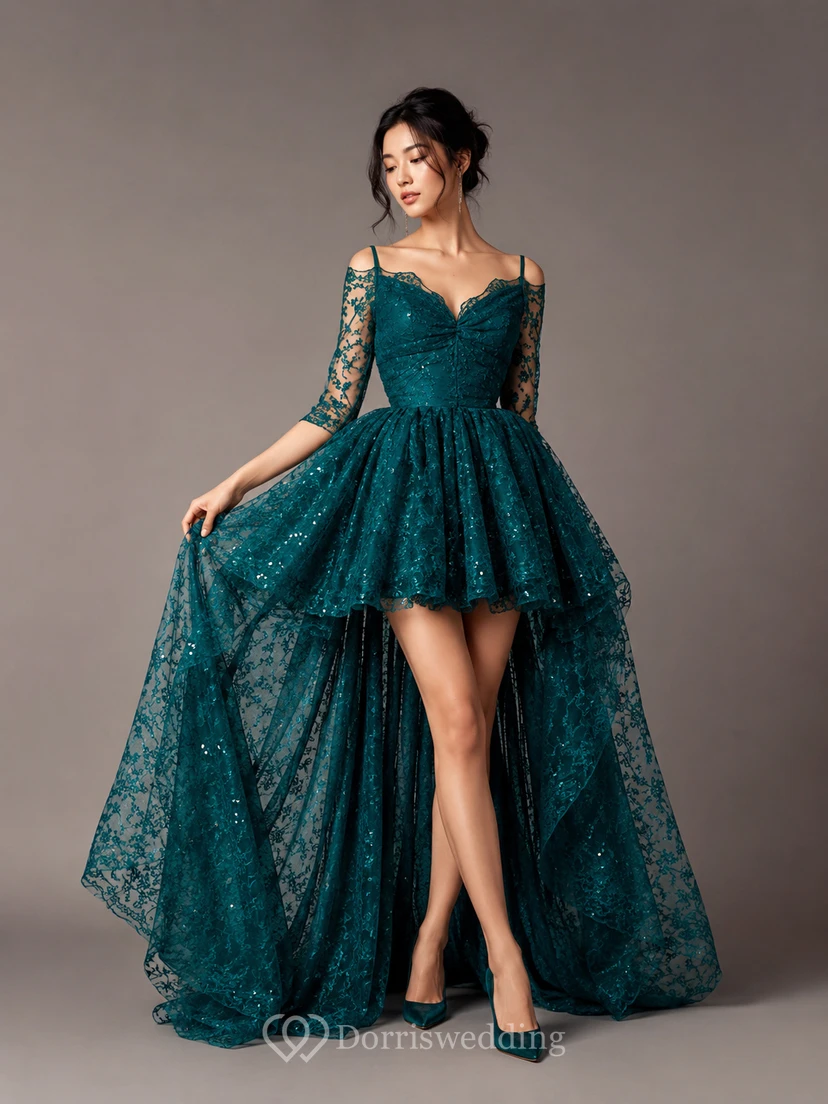 A-Line Lace Off-the-shoulder 3 4 Length Sleeve Zipper Low-V Back Dress view 6