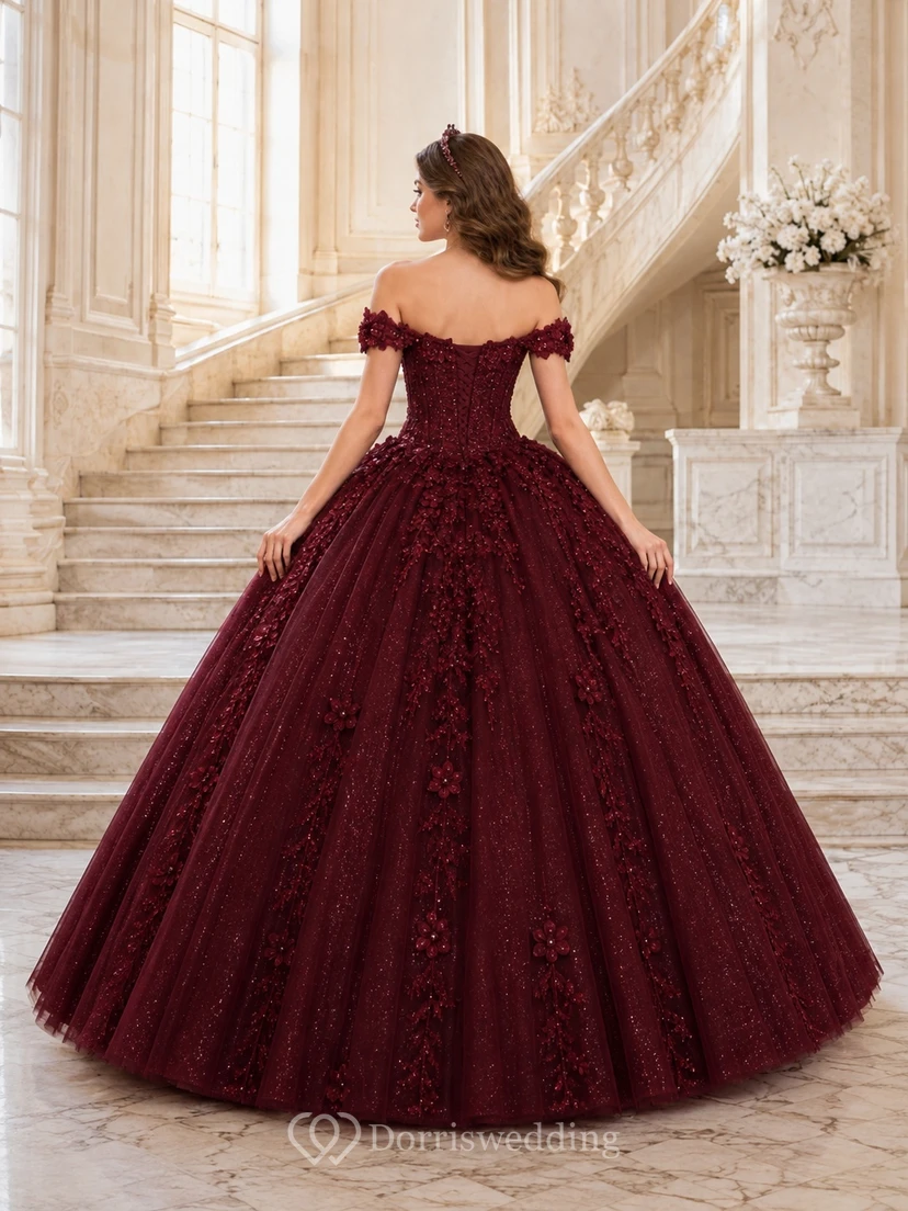 Burgundy Quinceanera Regal Ball Gown Off-the-shoulder Lace Short Sleeve Floor-length Romantic Dress view 2